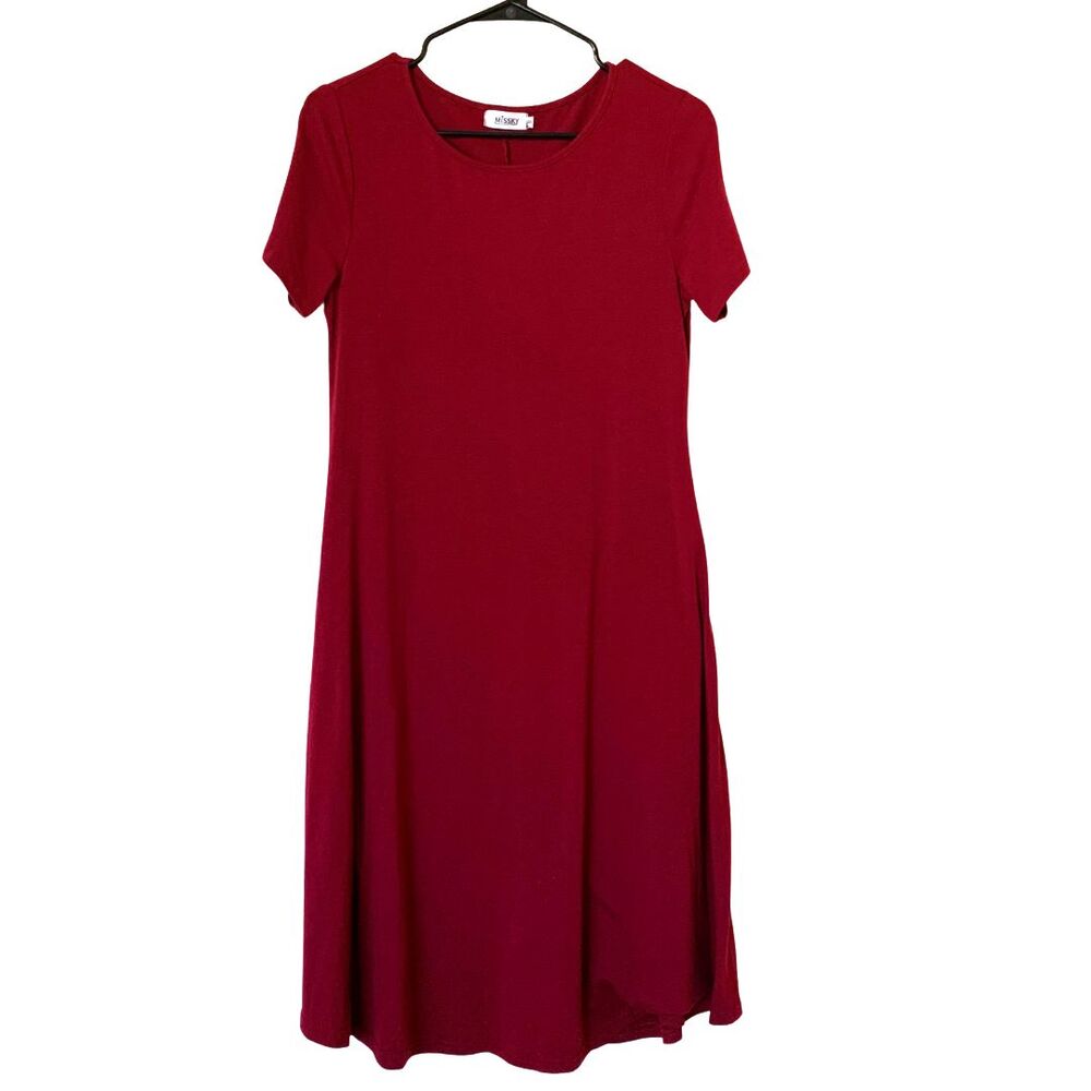 MISSKY Red Dresses for Women Short Sleeve Pocket Midi Swing Casual Summer Dress - Picture 2 of 9